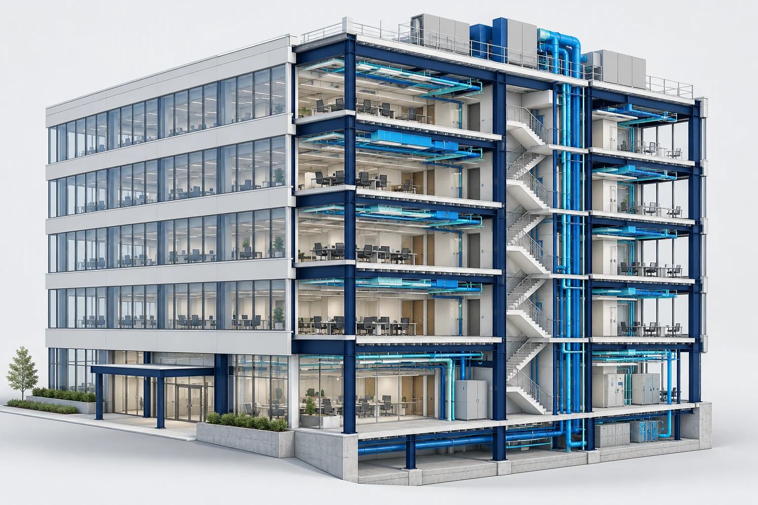 Illustrative building BIM cutaway showing architectural elements, structural framing and building services