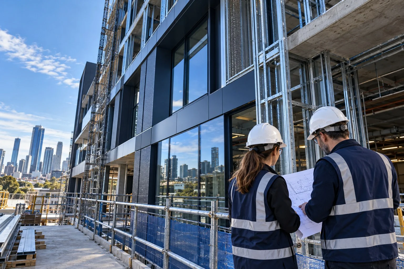 Illustrative view of technical professionals reviewing a building façade