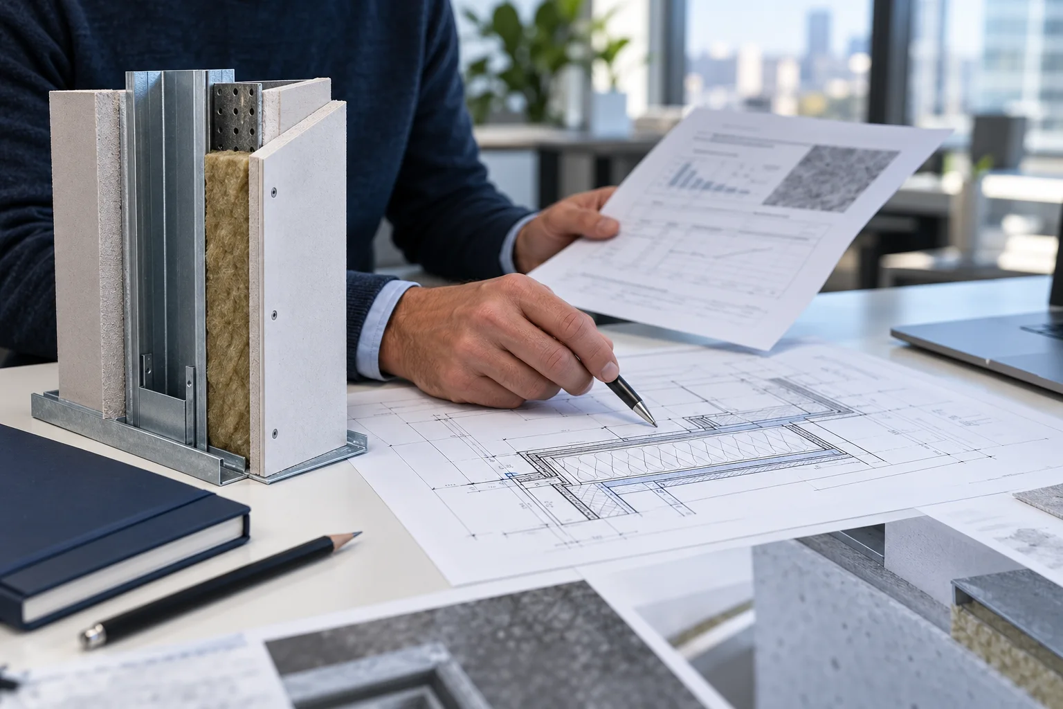 Illustrative technical review of a building wall sample, drawings and test report